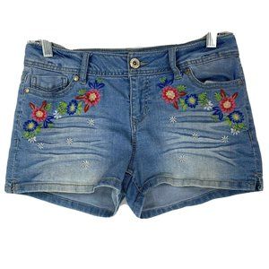 Blue Spice 5 Shorts Denim Light Wash Embroidered Floral Cotton Stretch Inseam 2"